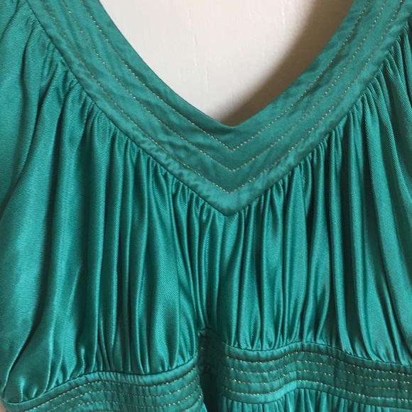 Satin and silk teal Grecian gown with gold accents - Picture 2 of 6